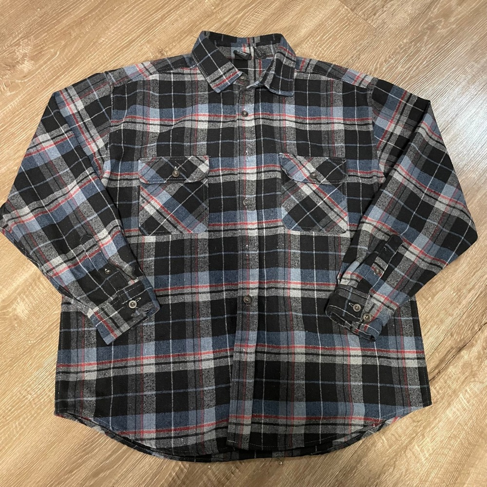 Hi-Tec Mens Heavy Flannel Shirt Size XL Black Blue Plaid Cotton Blend Button Up